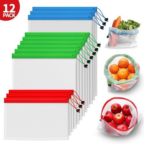 Reusable Produce Bags, Set of 12, Premium Washable Mesh Bags, Eco Friendly  See Through Lightweight Mesh Bags for Fruit