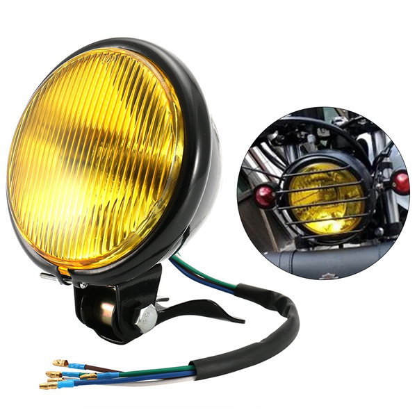 Universal Retro Shell Yellow Lens Headlamp Motorcycle Front Headlight