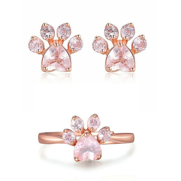 Cute Crystal Cat Paw Earrings Ring Rose Gold Stud Earrings Pink Claw ...