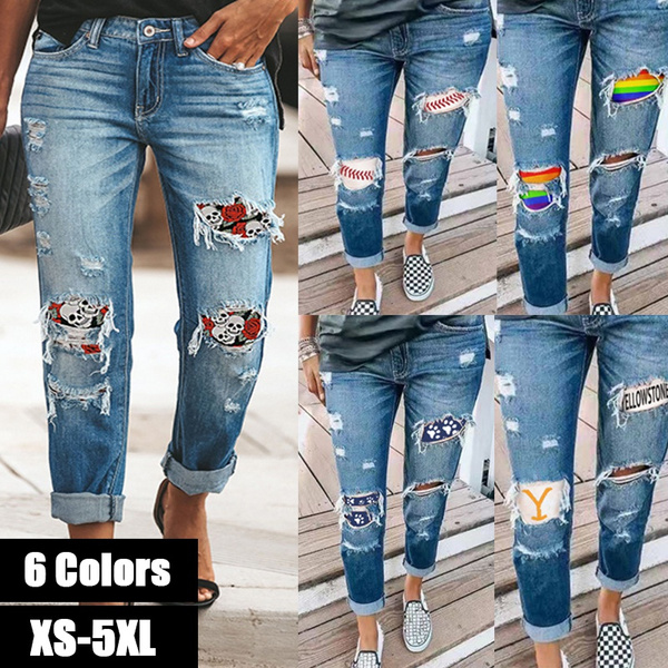 Knee Hole Patch Printed Jeans Women Distressed Ripped Jeans 5XL