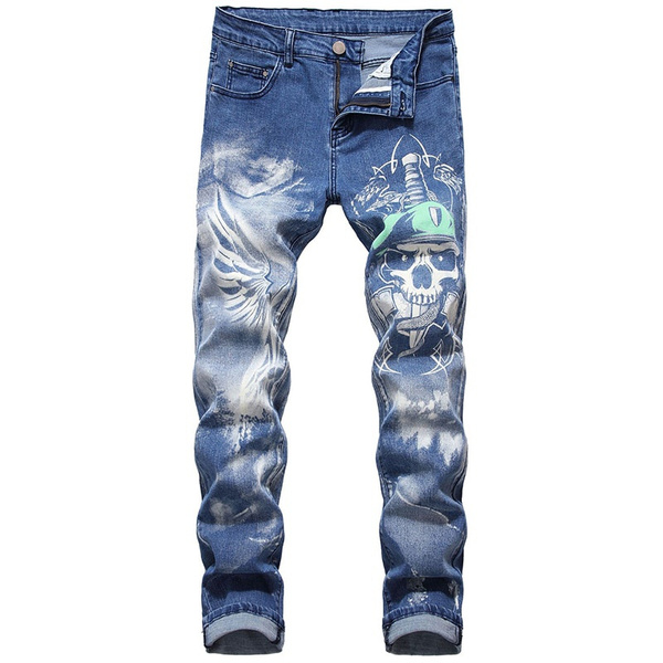 Men's 3D Skull Printed Jeans Slim 