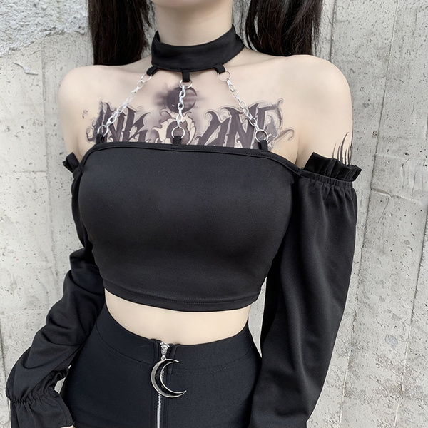 Harajuku Streetwear Bodycon Off Shoulder Long Sleeve Tops Gothic Black Crop  Tops Streetwear Punk Chain Matal Patchwork