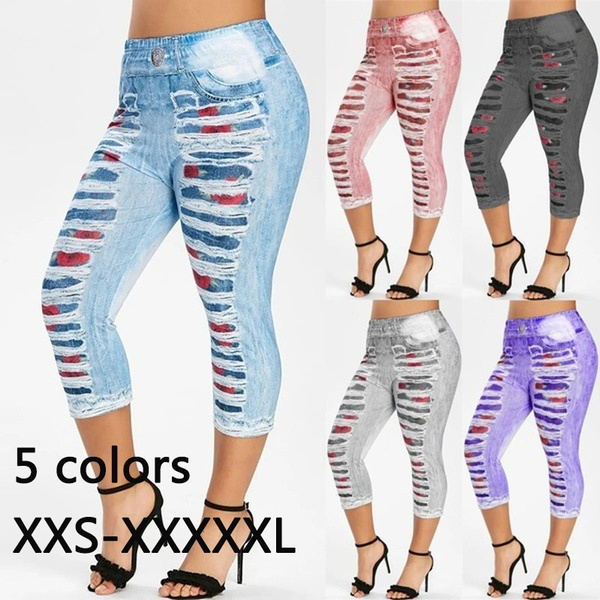 Fashion 3D Printed Leggings Sexy Rose Ripped Jeans Pants High Waist Fake Denim  Leggings Distressed Jeans Tights Thick Stretchy Jeggings Resistant Look  Pants Elastic Trousers Pantalon Femme Calca Jeans