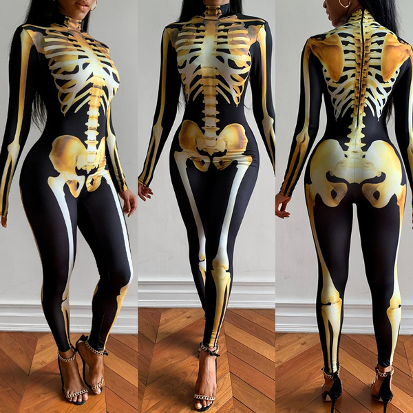 skull skeleton print zip back halloween costume jumpsuit