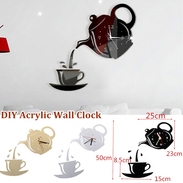 DIY Acrylic Coffee Cup Teapot 3D Wall Clock Decorative Kitchen Wall ...