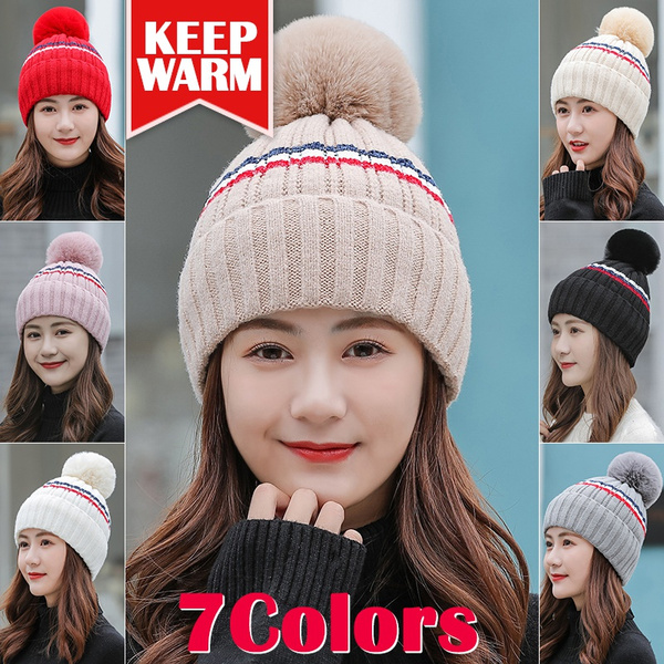 Womens thickening Winter Knitted Beanie Hat with Faux Fur Pom,Warm Knit Skull Cap Beanie,Ski Cap