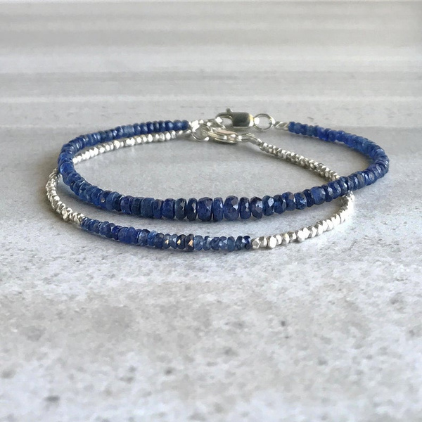 2pcs Real Blue Sapphire Bracelet | Fine Silver Bead Bracelet | Genuine Sapphire  Jewelry for Women, Men | September Birthstone | Wish
