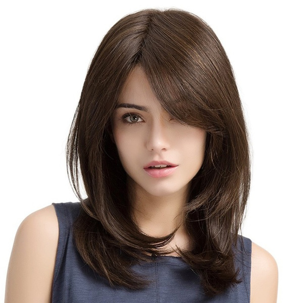 Straight Brown Wigs with Bangs Long Layered Shoulder Length Synthetic ...