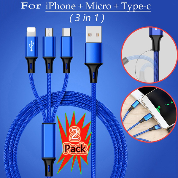 3 IN 1 USB Charging Cable 8Pin Type C Micro USB Cable Nylon Charger Cable For iPhone 12 Pro 11