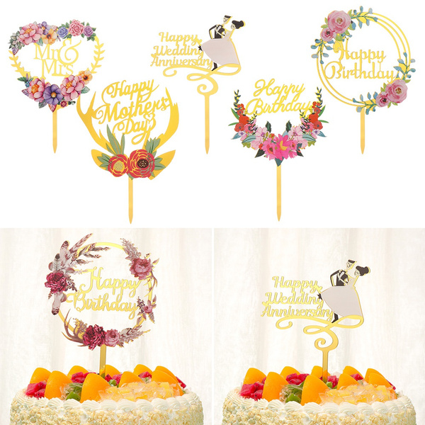 DIY Gifts Flowers Happy Birthday Party Supplies Acrylic Decor Cake Topper 