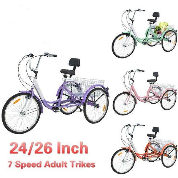 24/26 Inch 7 Speed Trikes Three-Wheeled Women/Men Bicycles Cruise Trike ...