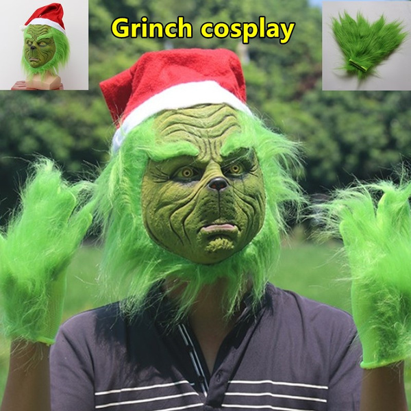 Christmas Grinch Long Hair Head Latex Mask and Gloves Funny Halloween Fancy Party Costume Cosplay Mask New