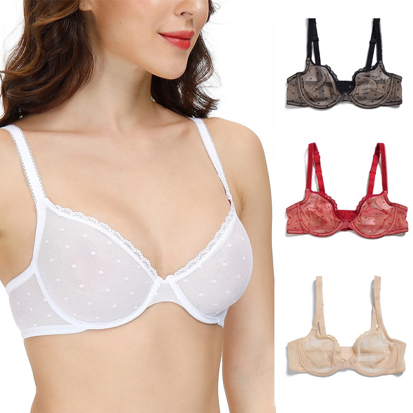 Solid White Women Bra Unlined Mesh Lace Lingerie Hollow See
