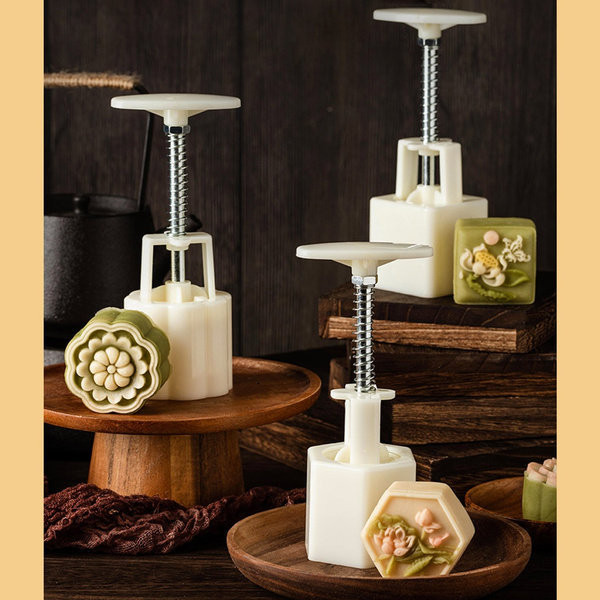 50g Moon Cake Mold 6 Flower Stamps Barrel Mooncake Hand Press Pastry Mould DIY 