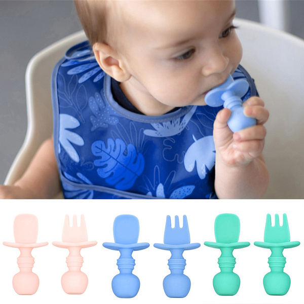 Silicone Spoon&Fork Baby Utensils Set Self Feed Fork Spoon For