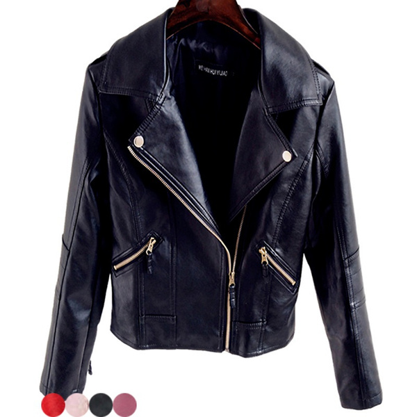 Buy Womens Red Faux Leather Moto Biker Jacket with Studs Slim