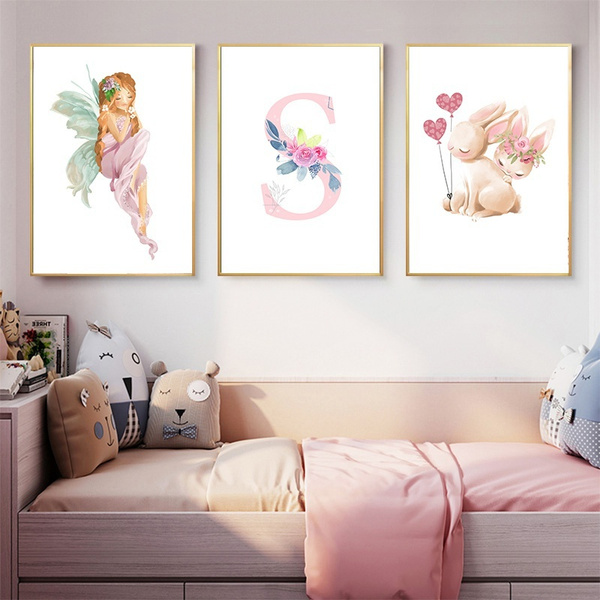 26 Alphabet Letters Names Canvas Painting Flower Fairy Animals Pink Wall  Art Prints Rabbit Poster for Kids Room Girls's Bedroom Nursery Wall Decor  Frame NOT included