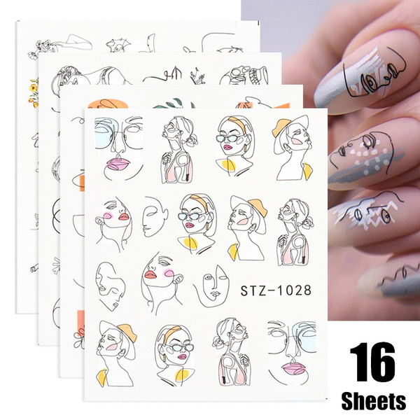 16Sheet Abstract Lady Face Nail Decals Sticker Kit Sexy Girl Water