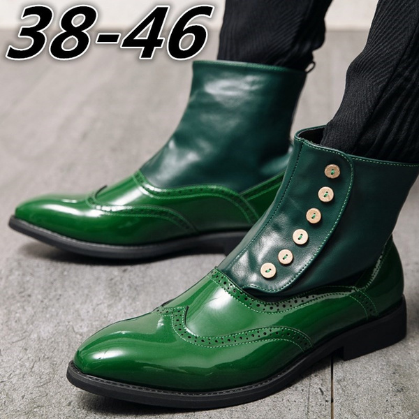Men's Green/Black Patent Leather Wingtip Ankle Boots Mens Button Decor ...