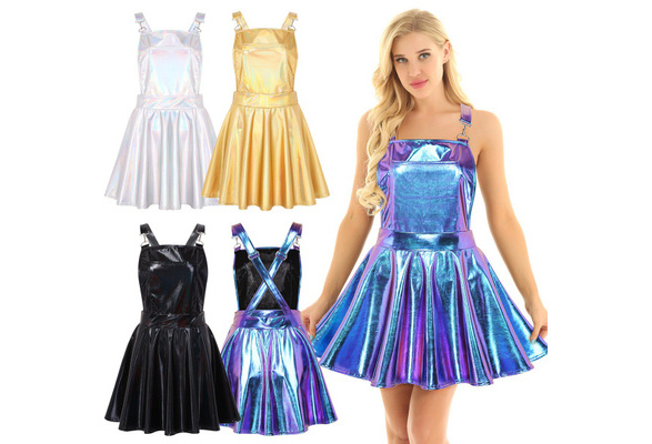 Sexy Women s A Line Pleated Bib Overall Pinafore Dress Shiny Metallic Holographic Mini Suspender Skirt S L