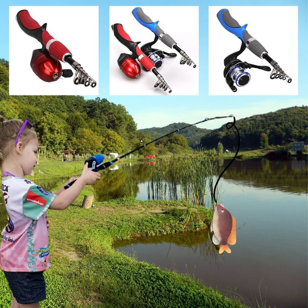 Kids Open Faced Spinning Blue Beginner Fishing Pole Starter Kit Rod and  Reel