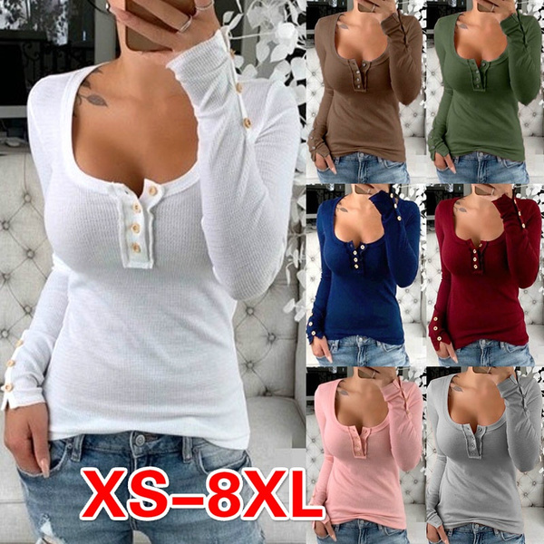 Plus Size Fashion Tops Autumn and Winter Clothes Women's Casual Solid Color  Cotton Pullover Tops Ladies Slim Fit Long Sleeve Tee Shirts Button Up  V-neck Bodycon T-shirt XS-8XL