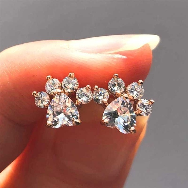 Cute Cat Paw Earrings for Women Crystal 
