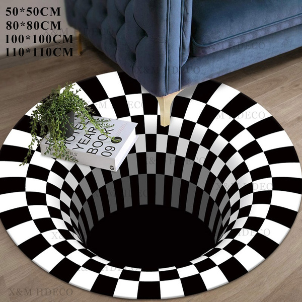 Round Black White Grid 3D Illusion Vortex Bottomless Hole Carpet Non-Slip Mat 