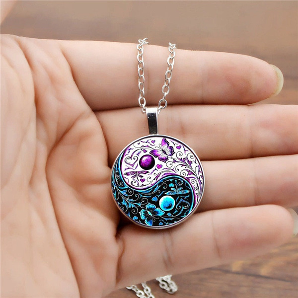 NEW Cabochon Silver woman pendants Glass Necklace（yin yang butterfly） 
