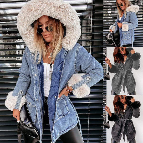 Bella Philosophy Winter Women Denim Fur Hooded Coat streetwear Lady Casual  Jackets Parka Female Single Breasted Outwear