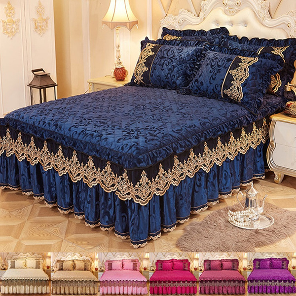 High Quality Home Bedroom Winter Warm Velvet Soft Lace Pattern Fleece Ruffled Luxury Bedskirt Twin Full Queen King Size Bed Skirt Bedding Sheet Pillowcases Thick Bed Sheet Royal Blue Mattress Cover Wish