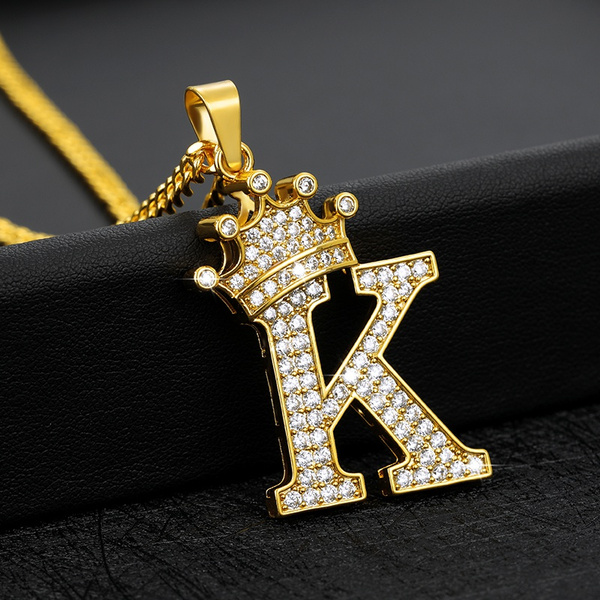 Unisex Cz Crown Alphabet Initial Letter Pendant 24" Figaro Chain HipHop Necklace 