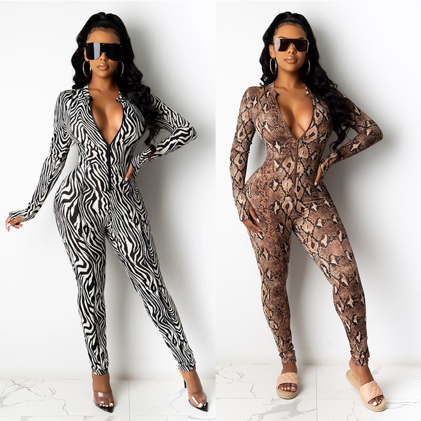 Snake Striped Print Autumn Skinny Jumpsuit for Women Deep V Neck Long  Sleeve Bodycon Romper Vintage Front Zipper Clubwear Outfit | Wish