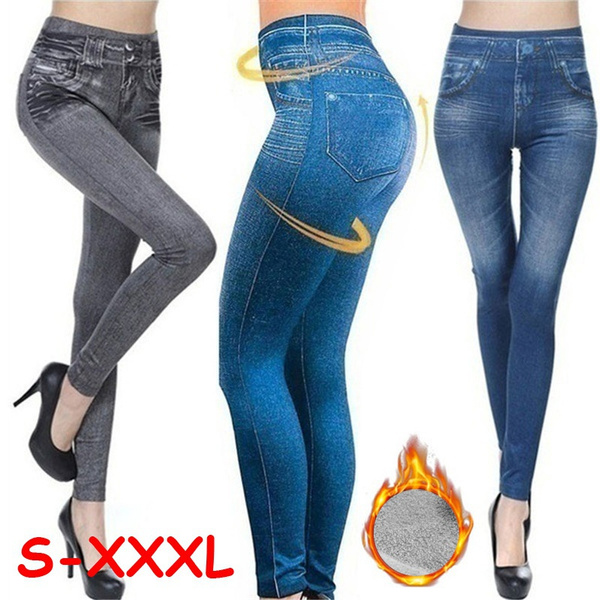 S-3Xl Women Fashion Thermal Fleece Denim Jeggings Seamless Real Pocket  Jeans Winter Bodybuilding Slim Leggings Causal Skinny Stretch Tight Trousers