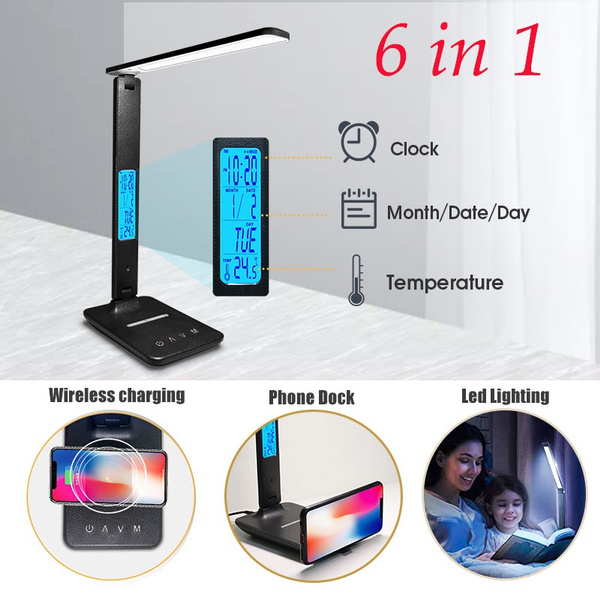 Multifunctional wireless charger stand, LED desk lamp, alarm clock