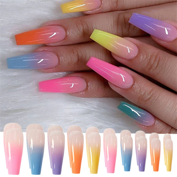 Pack Long Coffin Fake Nails Acrylic Rainbow Ballerina Full Nail Art Tips Wish