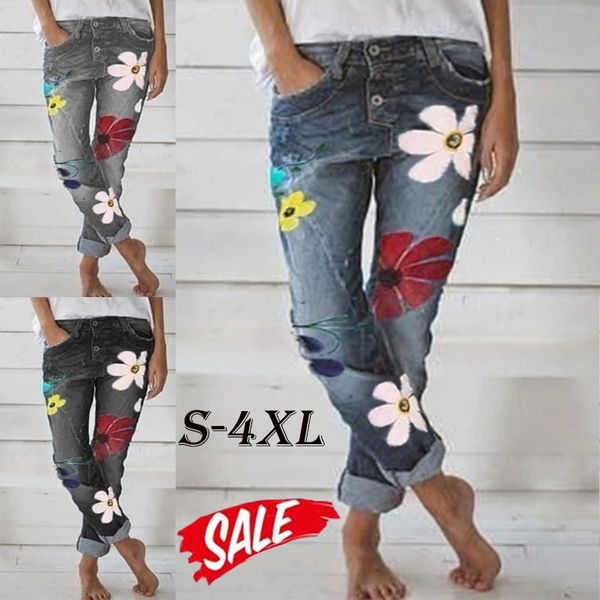 Laidies Fashion Casual Flower Jeans 3D Print Denim Pants