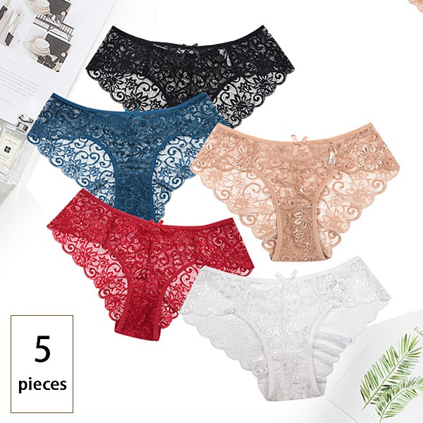5 Pcs/pack Ultra Thin Lace Flower Panties Mid Rise Soft Women Brief Hollow  Transparent Underpants Underwear