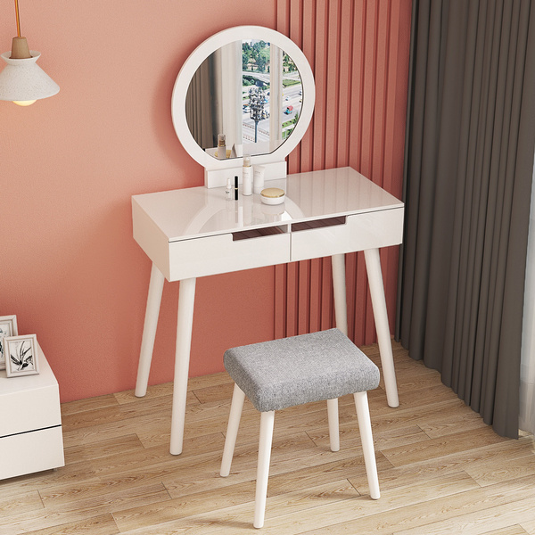 Vanity Table Set 2 Large Drawers Round Mirror Cushioned Stool Bedroom