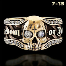 'Freedom or Death' Mens Punk Gothic Skull Ring 925 Sterling Silver 14K Gold Rings
