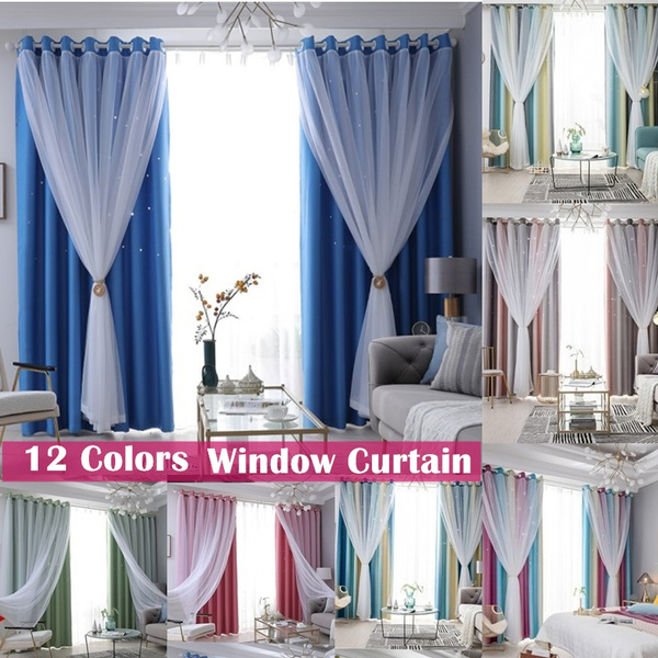 Window Curtain Ombre Drapes Double-Layer Yarn Tulle Overlay Hollow Cut Out Stars 