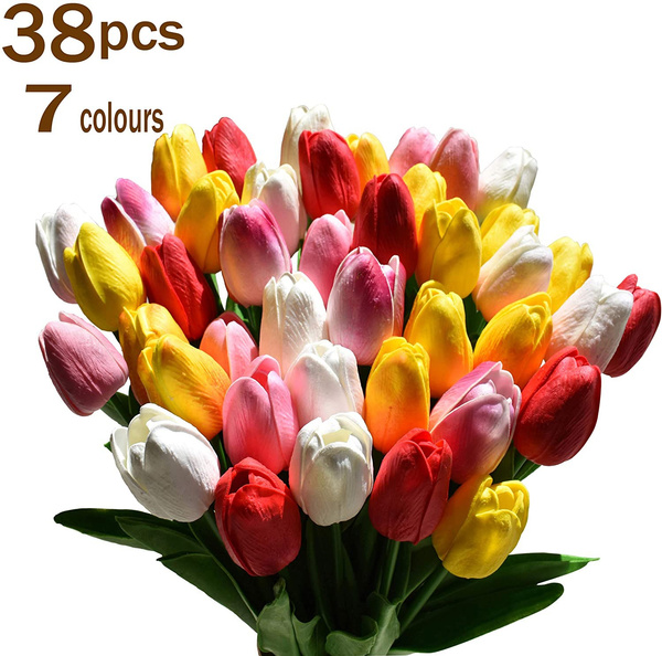 38pcs Multicolor Tulips Artificial Flowers Faux Tulip Stems Real Feel PU  Tulips for Easter Spring Wreath Wedding Bouquet Centerpiece Floral  Arrangement Cemetery Table Décor 14 Tall