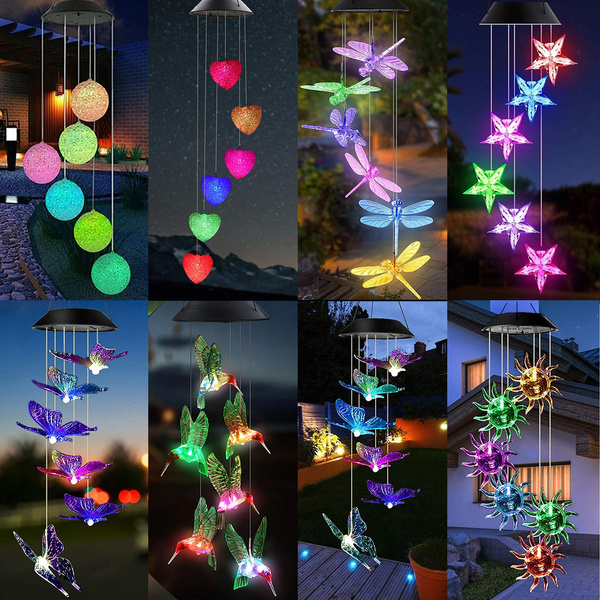 Color Changing)Solar Power Night Light Hummingbird Butterfly Wind Chime LED  Lamp Wind Bell 8Types Christmas Home Garden Patio Decor