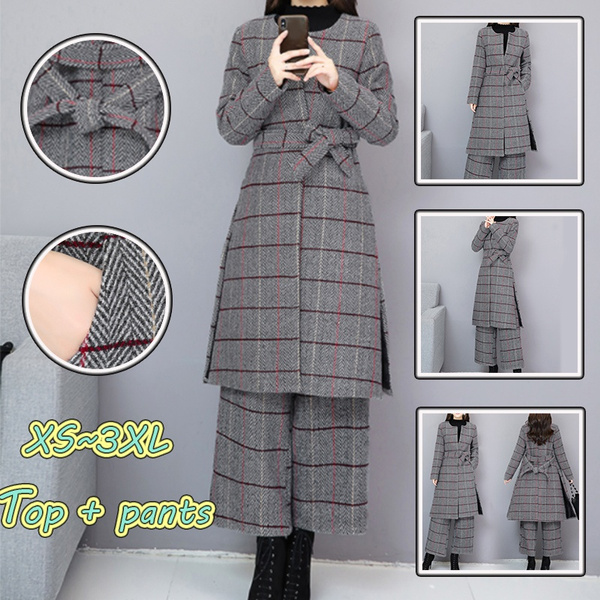 Knee Length Long Trench Coat and Wide Leg Trouser Autumn Winter Womens ...