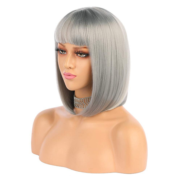 Free Wig Cap Silver Grey eNilecor Short Bob Hair Wigs 12 Straight with Flat Bangs Synthetic Colorful Cosplay Daily Party Wig for Women Natural As Real Hair 