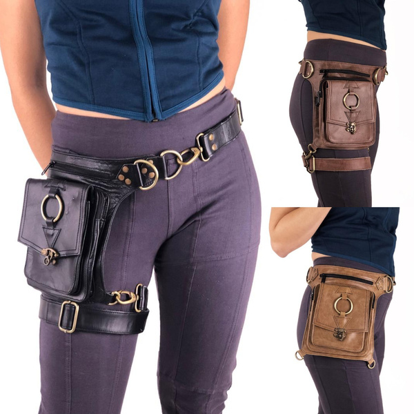Women Fashion Vintage Leather Belt Bag Pocket Leg Bag Chain Belt Bag with  Metal Buckle Outdoor Survival Off-road Bag