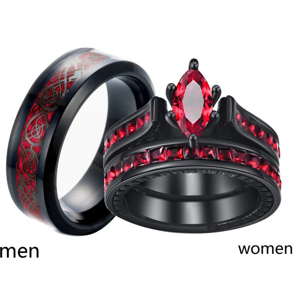 Couple Rings His and Her Wedding Ring Sets Marquise cut Red CZ Women's  Wedding Ring Black Plated Titanium Steel Mens Wedding Bands (please buy 2  rings 