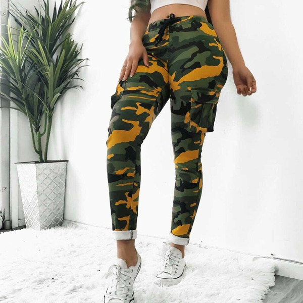 Women Drawstring Camo Cargo Pants