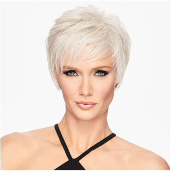 Grandma Wigs Short Wigs with Bangs Silver White Pixie Cut