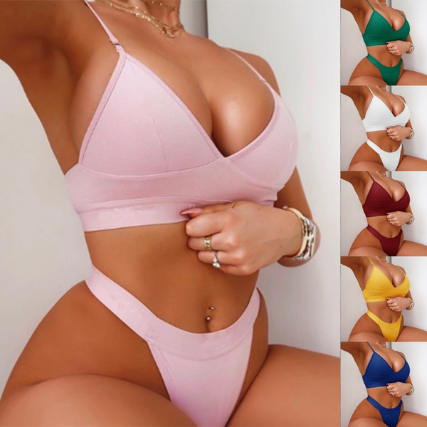 New Hot Pink Sexy Push Up Bikini Sets for Women Solid Two Piece